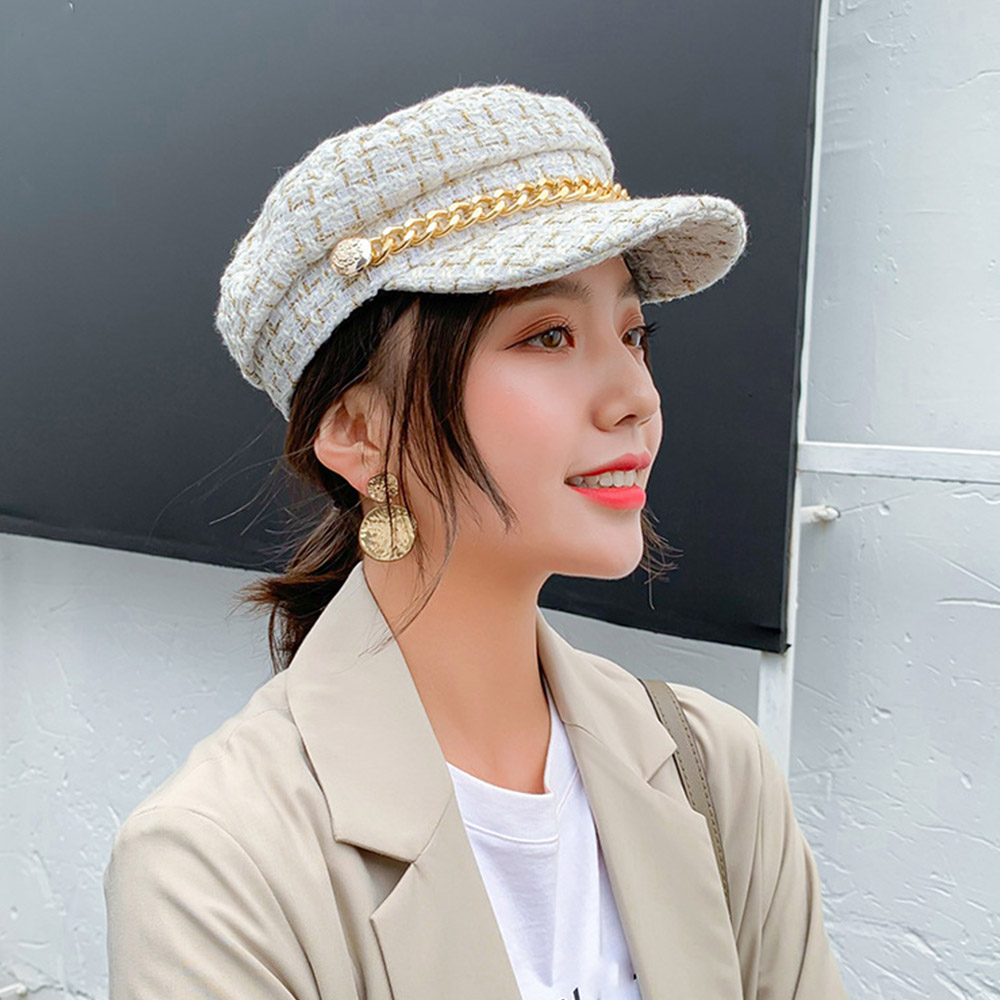 レディース ツイード キャスケット チェーン飾り マリンキャップ