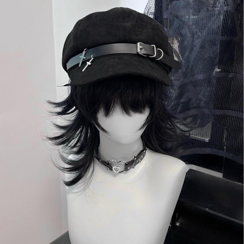 レディース レザーベルト キャスケット 黒 装飾帽子