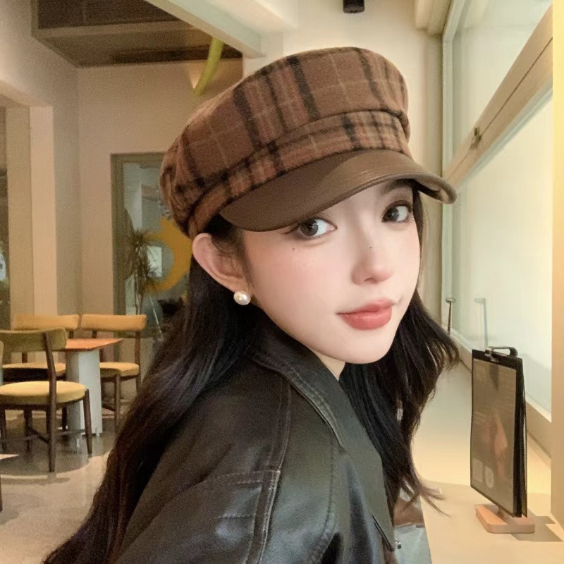 キャスケット 格子柄ニットキャスケット つば付きレザー風帽子