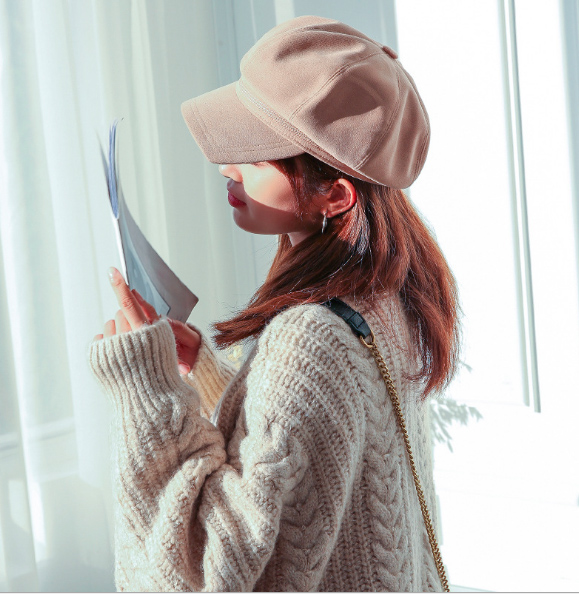 秋冬新作レディースキャスケット無地防寒保温スエード風帽子