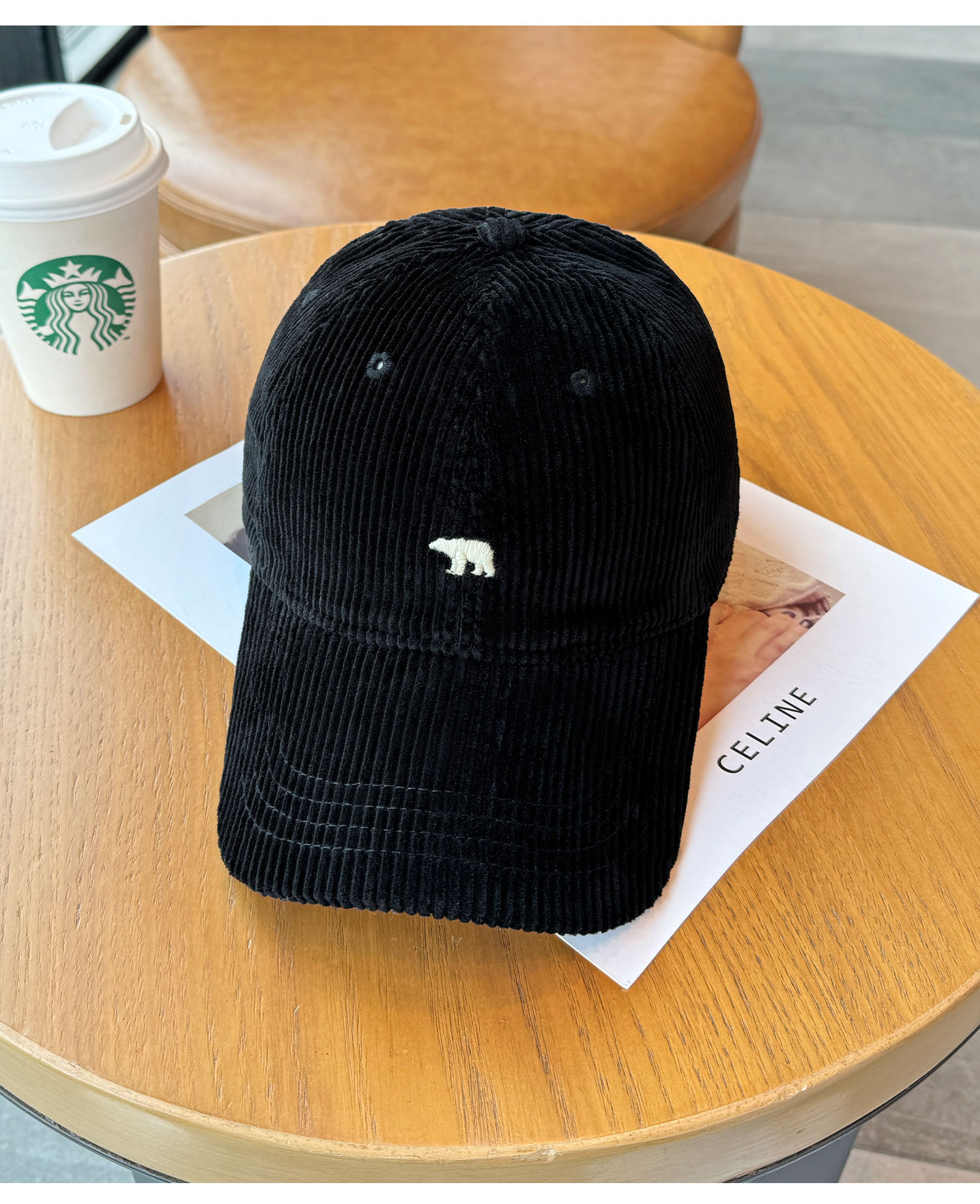 キャスケット 小熊刺繍入りコーデュロイキャップ