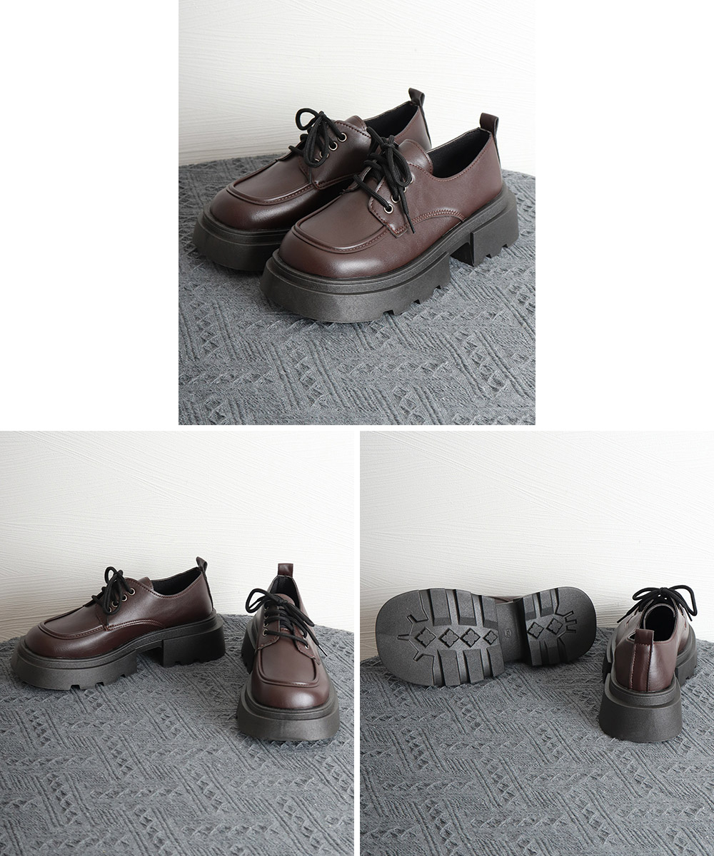 カジュアルコーデ 厚底編み上げスニーカー レザー調太ヒール靴