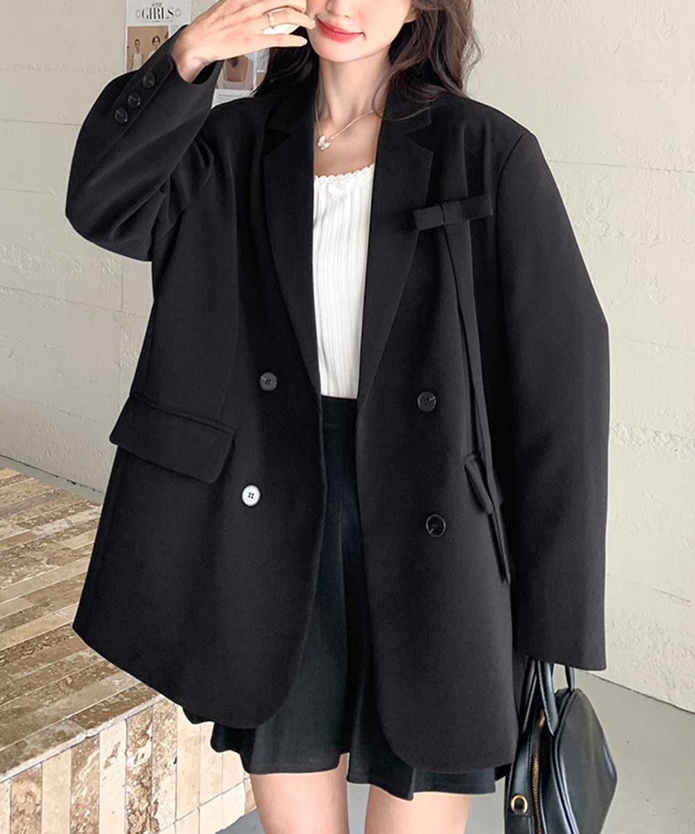 カジュアルコーデ 大きめサイズ ダブルボタン テーラード ジャケット 黒