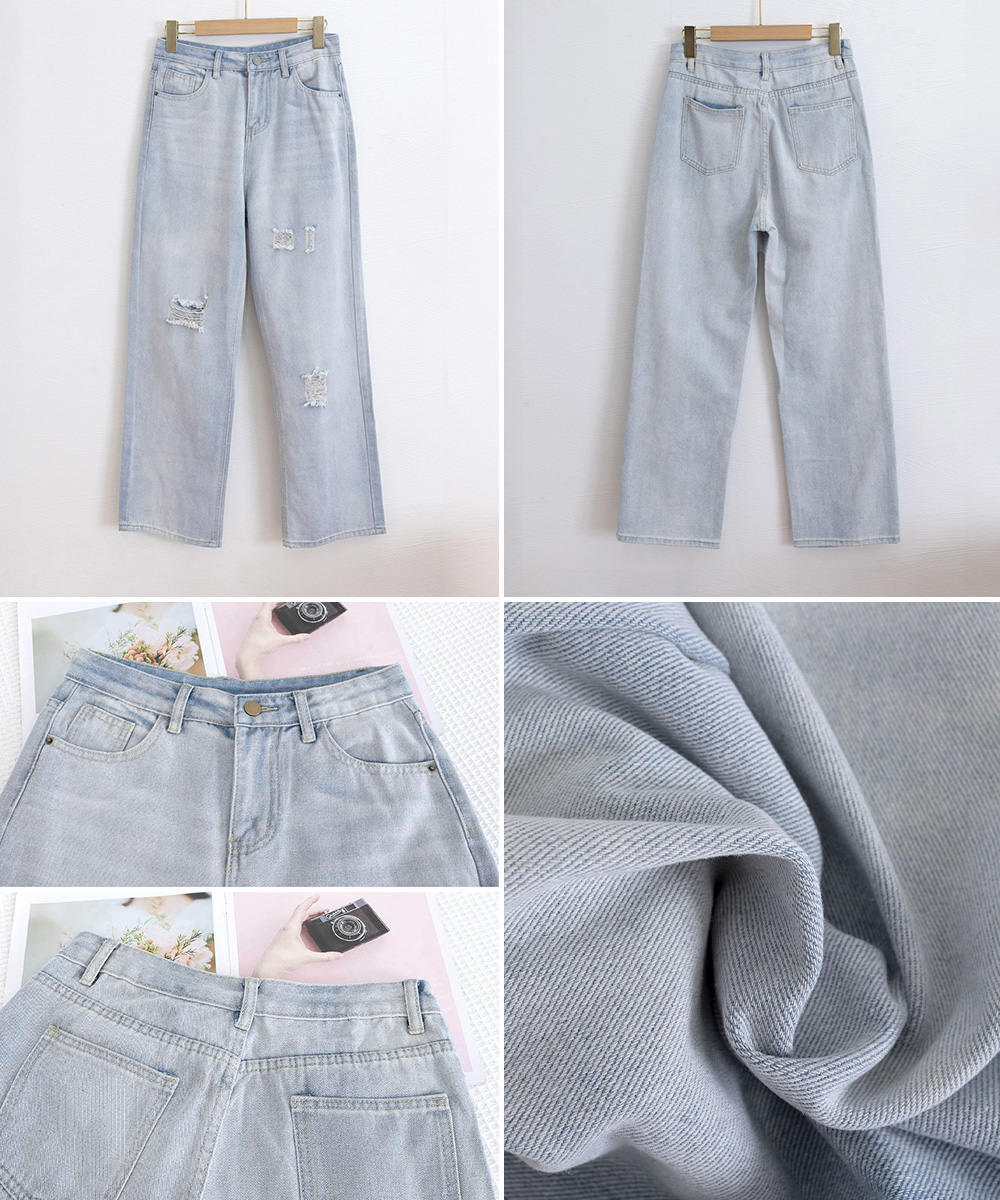 カジュアルコーデ ハイウエストダメージ加工デニムパンツ