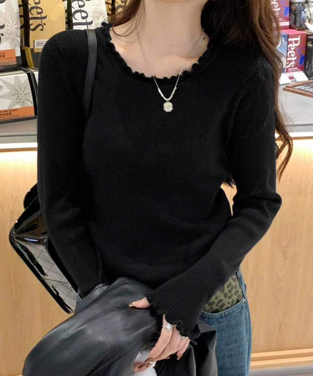 カジュアルコーデ フリル襟リブニットトップス 長袖丸首