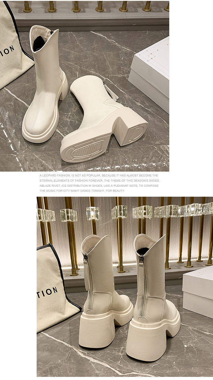 カジュアルコーデ 厚底ミドルブーツ 太ヒール 脚長効果 美脚ブーツ 黒