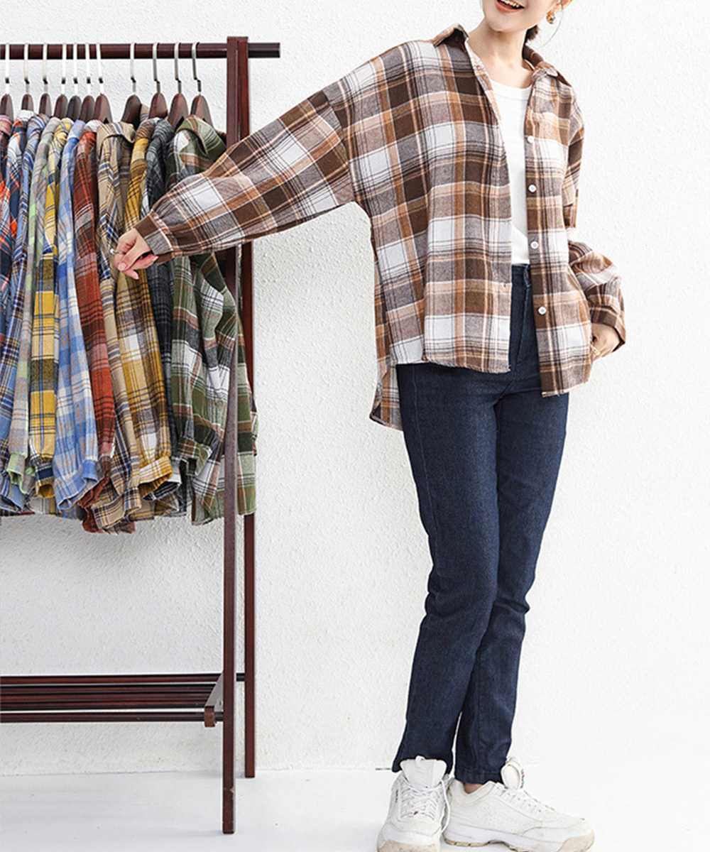 カジュアルコーデ ゆったりチェック柄シャツ 長袖 体型カバー