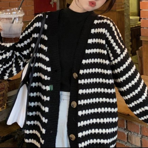 カジュアルコーデ 秋冬新作ボーダーニットカーディガンゆったり羽織り