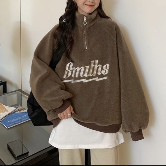 カジュアルコーデ レディース ロゴ入りスウェット ゆったりハーフジップ トレーナー