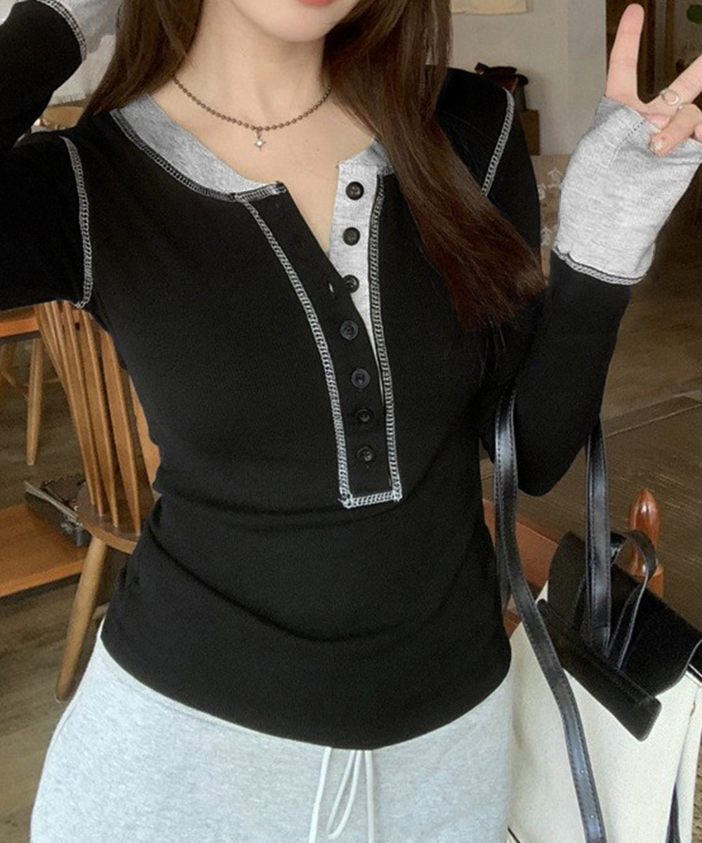 カジュアルコーデ 配色切り替えヘンリーネックトップス長袖