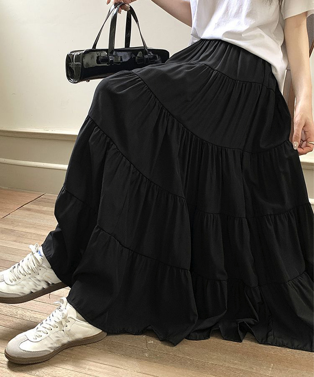 カジュアルコーデ 5段ティアード韓国風ロングスカート体型カバー