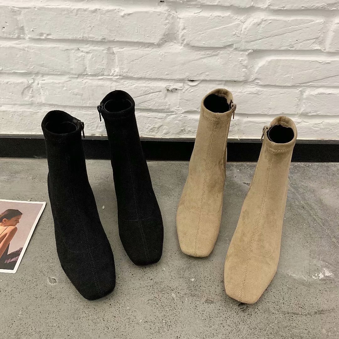 カジュアルコーデ 太ヒール ショートブーツ レディース 美脚効果 スクエアトゥ