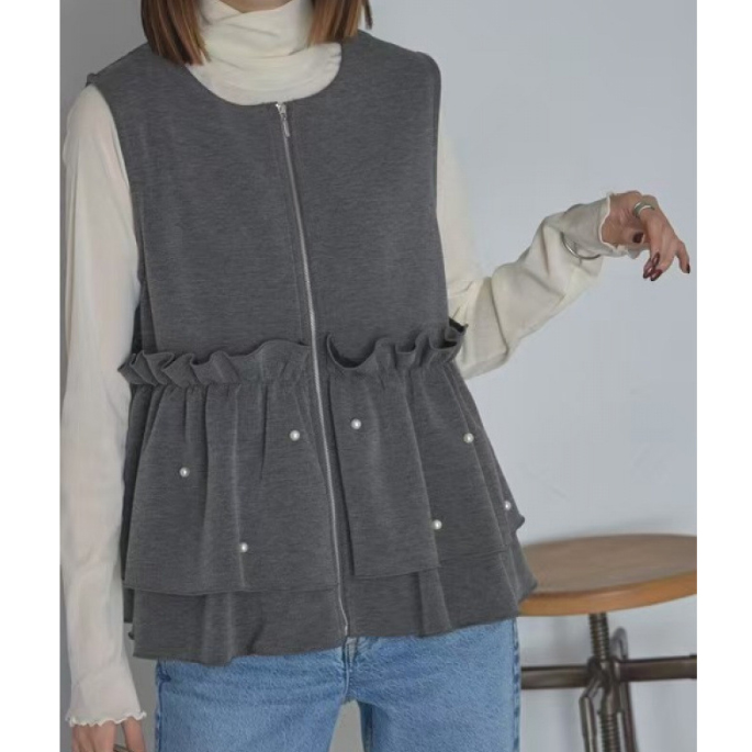 カジュアルコーデ 新作パール付きフリルジャケット体型カバー重ね着ベスト