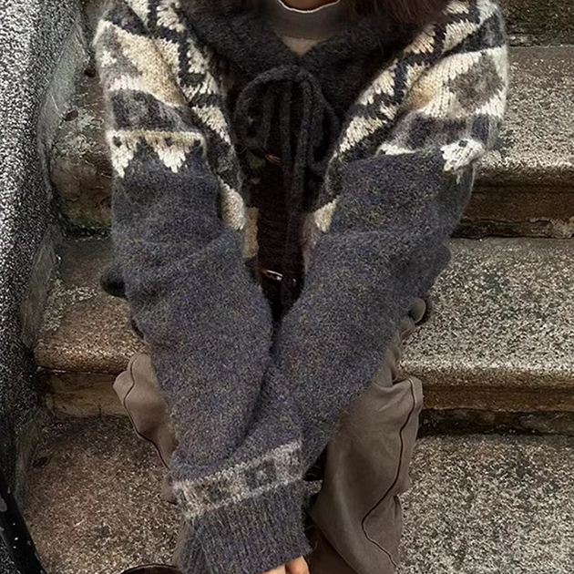 カジュアルコーデ 秋冬新作 北欧柄ニット厚手フード付きカーディガン