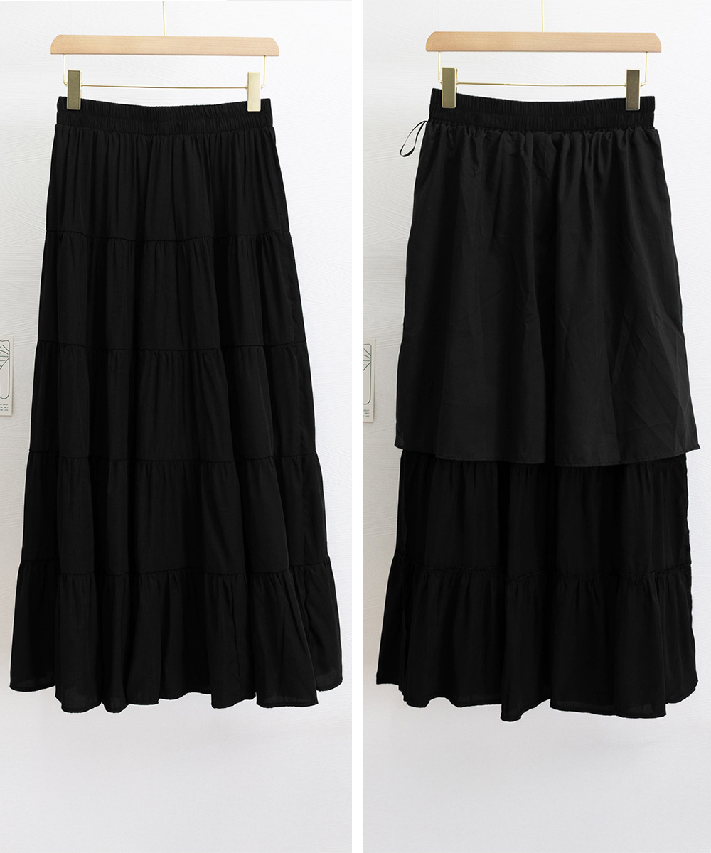 カジュアルコーデ 5段ティアード韓国風ロングスカート体型カバー