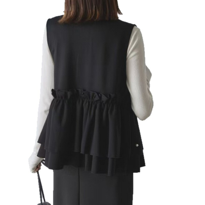 カジュアルコーデ 新作パール付きフリルジャケット体型カバー重ね着ベスト