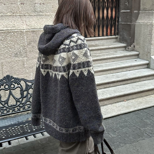 カジュアルコーデ 秋冬新作 北欧柄ニット厚手フード付きカーディガン