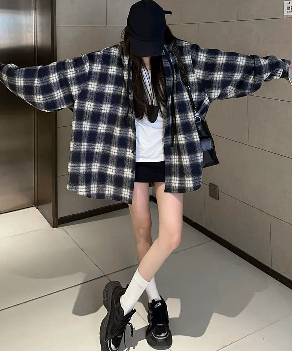 カジュアルコーデ チェック柄フード付きシャツ レディース秋冬羽織り
