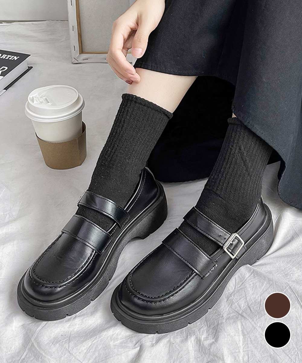 カジュアルコーデ 厚底ローファースニーカー レディース ストラップ付き太ヒール