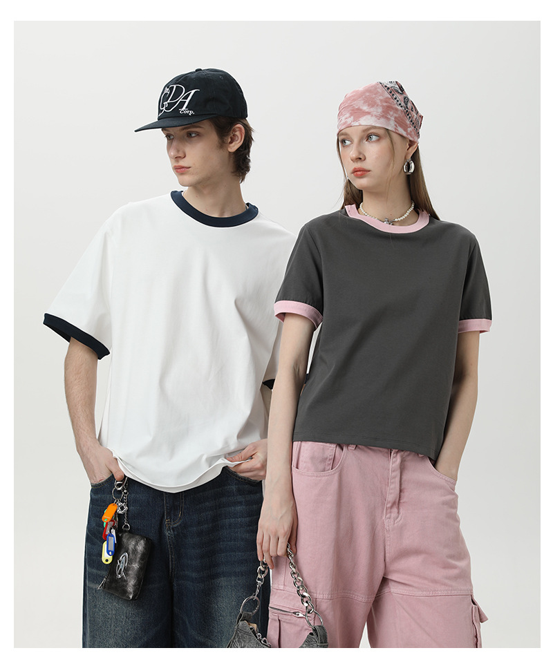 カジュアルコーデ バイカラーリンガーネックTシャツ