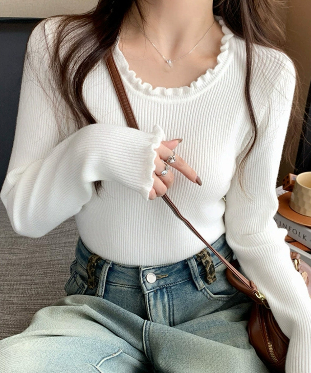 カジュアルコーデ フリル襟リブニットトップス 長袖丸首