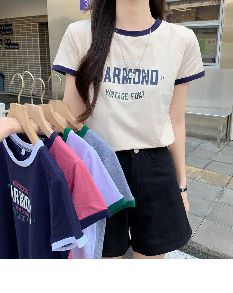 カジュアルコーデ レトロプリント リンガー半袖Tシャツ