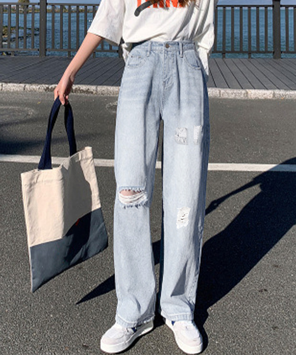 カジュアルコーデ ハイウエストダメージ加工デニムパンツ