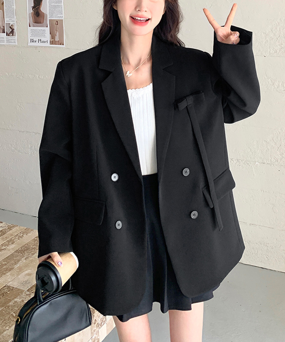カジュアルコーデ 大きめサイズ ダブルボタン テーラード ジャケット 黒