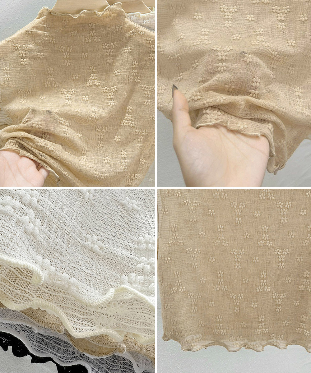 カジュアルコーデ 総レース花柄フリルネックインナートップス