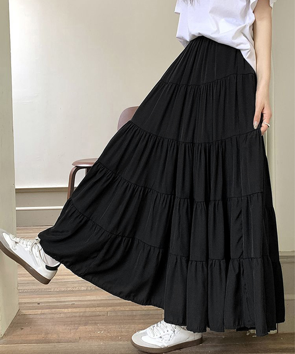 カジュアルコーデ 5段ティアード韓国風ロングスカート体型カバー