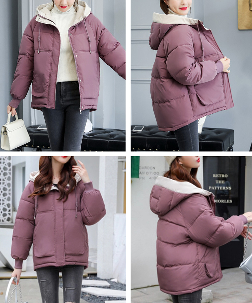 カジュアルコーデ 配色フード付き中綿アウター レディース冬用ジャケット