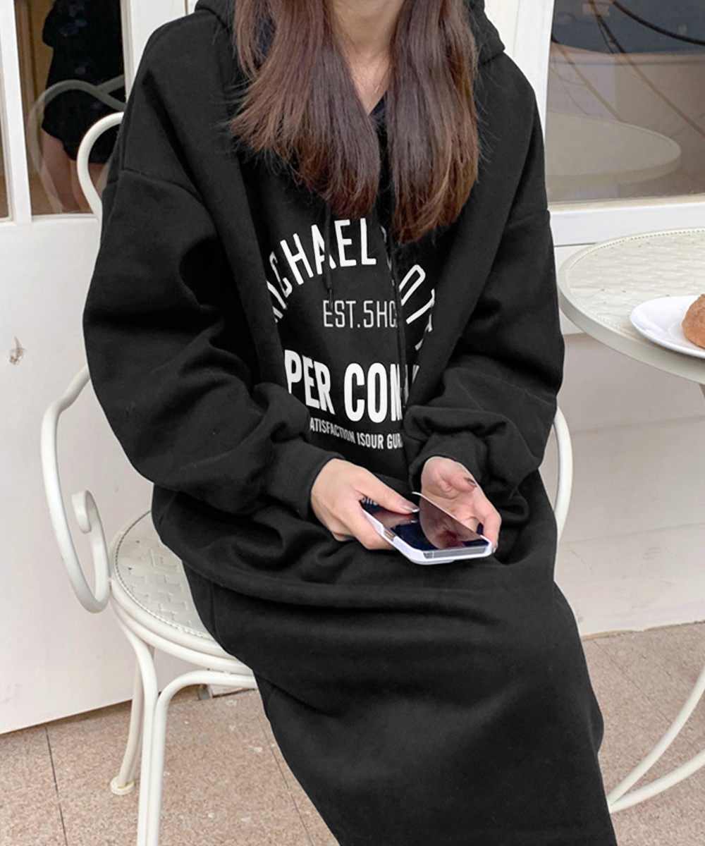 カジュアルコーデ 裏起毛フード付きワンピース厚手暖かトレーナー