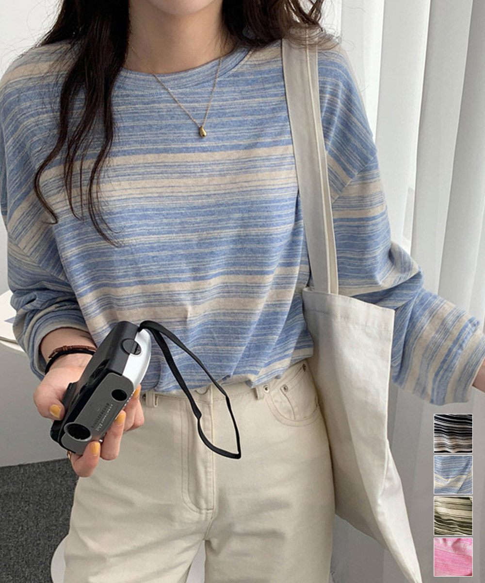 カジュアルコーデ 韓国風ボーダー長袖トップス春秋レディース