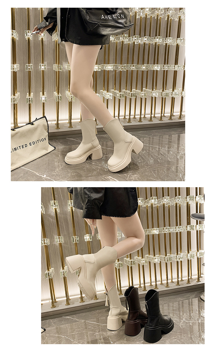 カジュアルコーデ 厚底ミドルブーツ 太ヒール 脚長効果 美脚ブーツ 黒