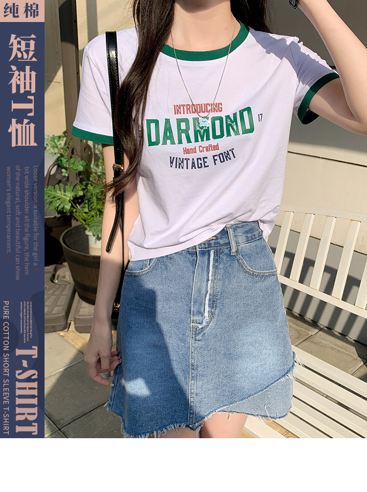 カジュアルコーデ レトロプリント リンガー半袖Tシャツ