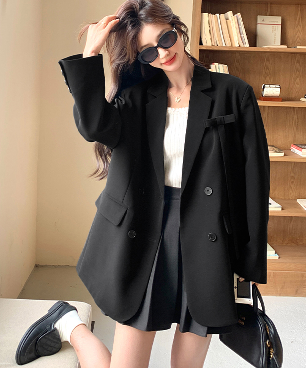 カジュアルコーデ 大きめサイズ ダブルボタン テーラード ジャケット 黒