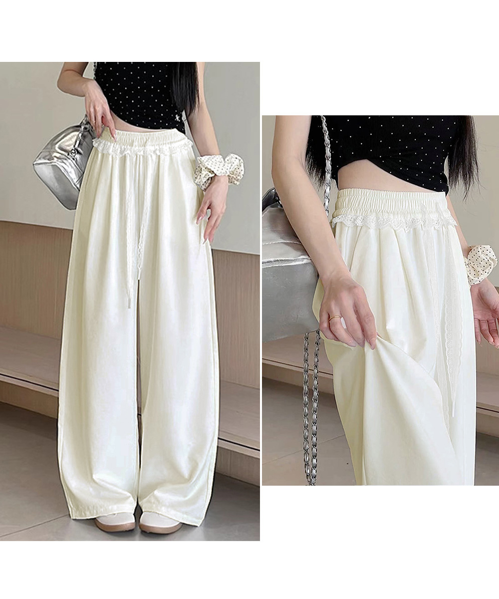 カジュアルコーデ 白レース付きワイドパンツ 夏の涼しげ楽ちんパンツ