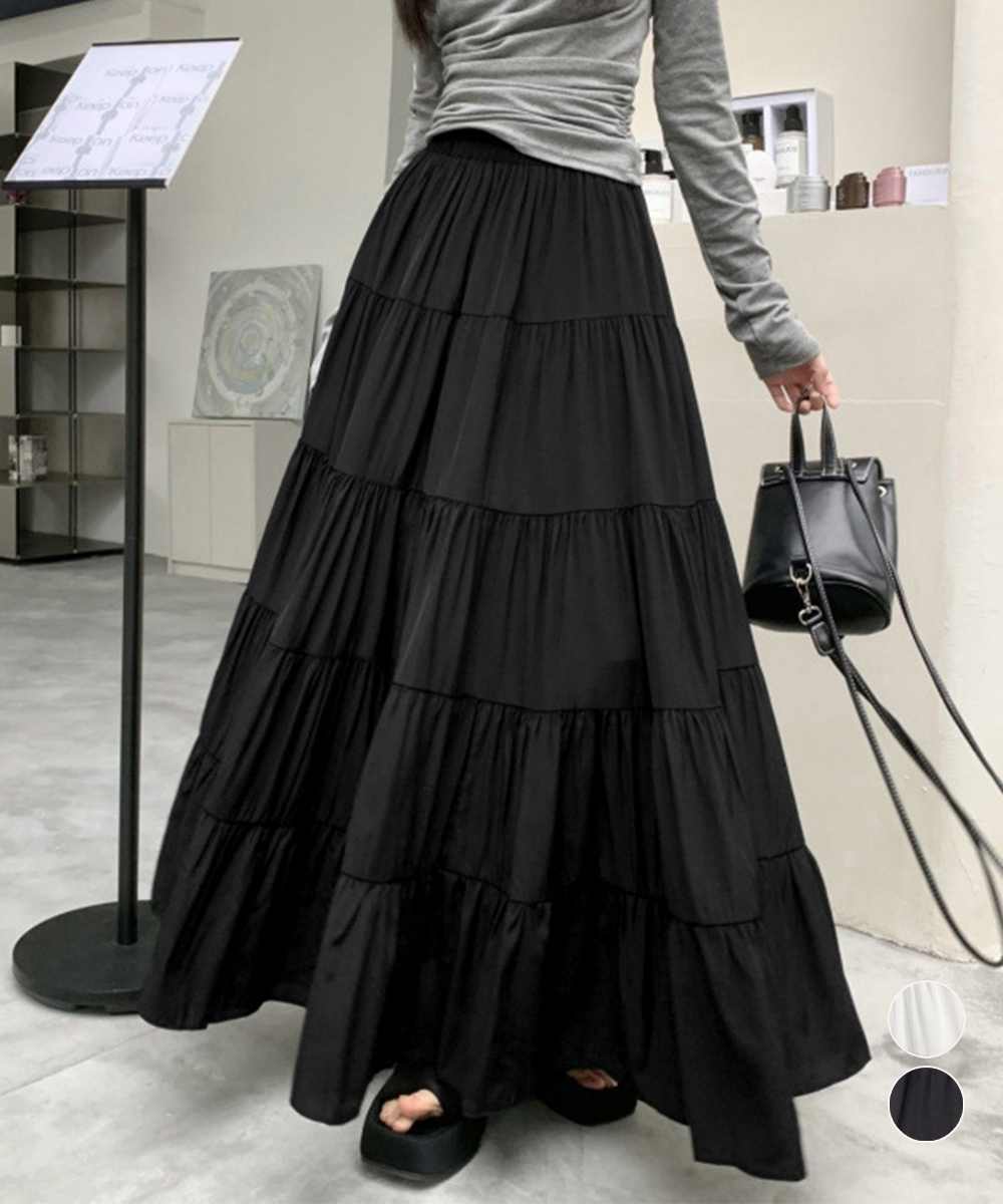 カジュアルコーデ 5段ティアード韓国風ロングスカート体型カバー