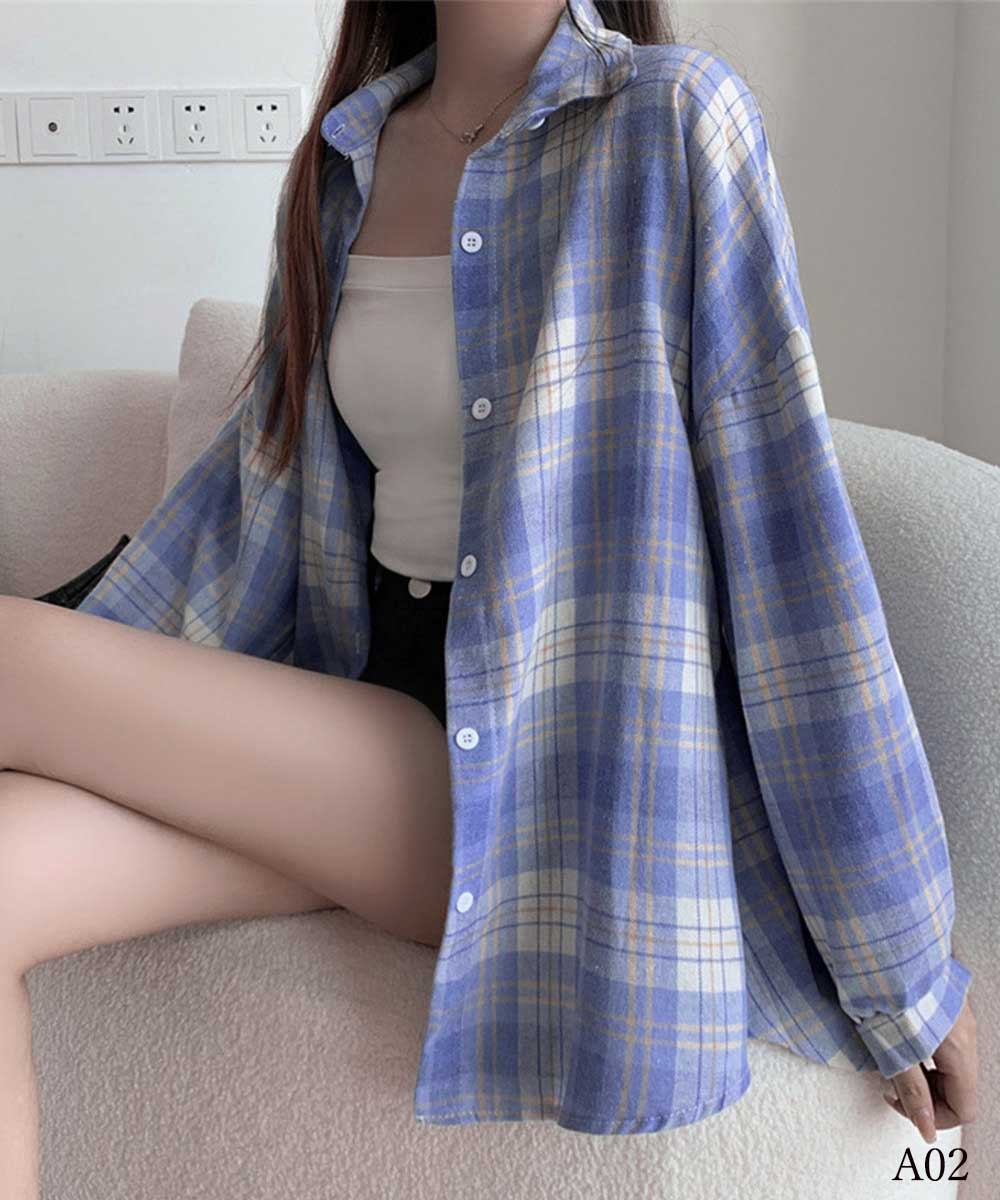 カジュアルコーデ ゆったりチェック柄シャツ 長袖 体型カバー