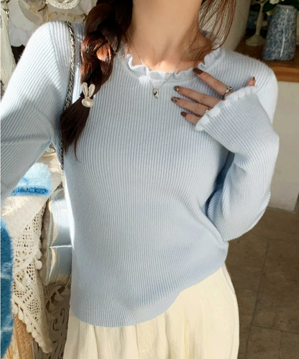 カジュアルコーデ フリル襟リブニットトップス 長袖丸首