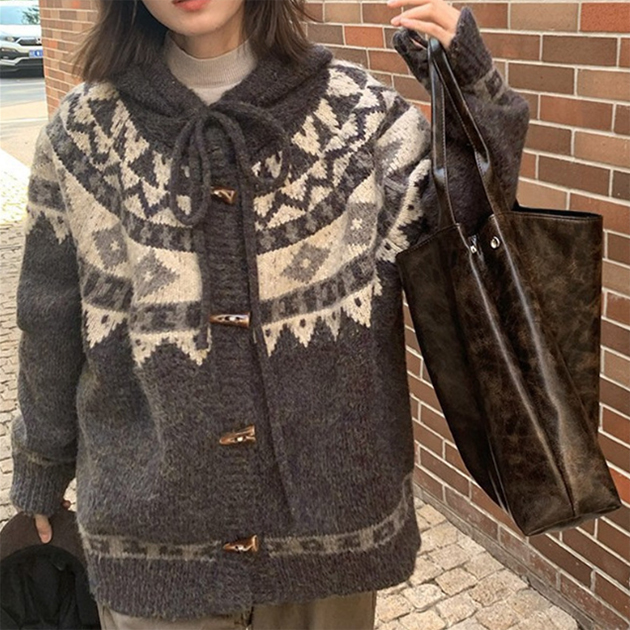 カジュアルコーデ 秋冬新作 北欧柄ニット厚手フード付きカーディガン
