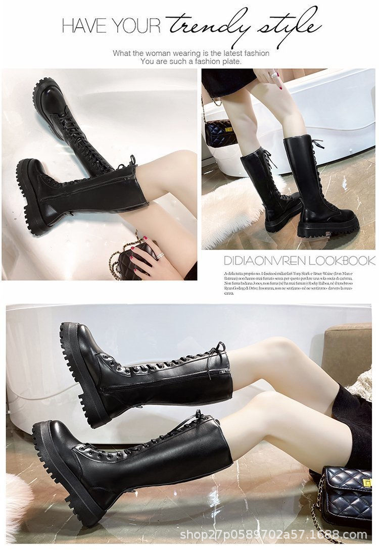 カジュアルコーデ 秋冬厚底ロングブーツ編み上げ美脚効果裏起毛