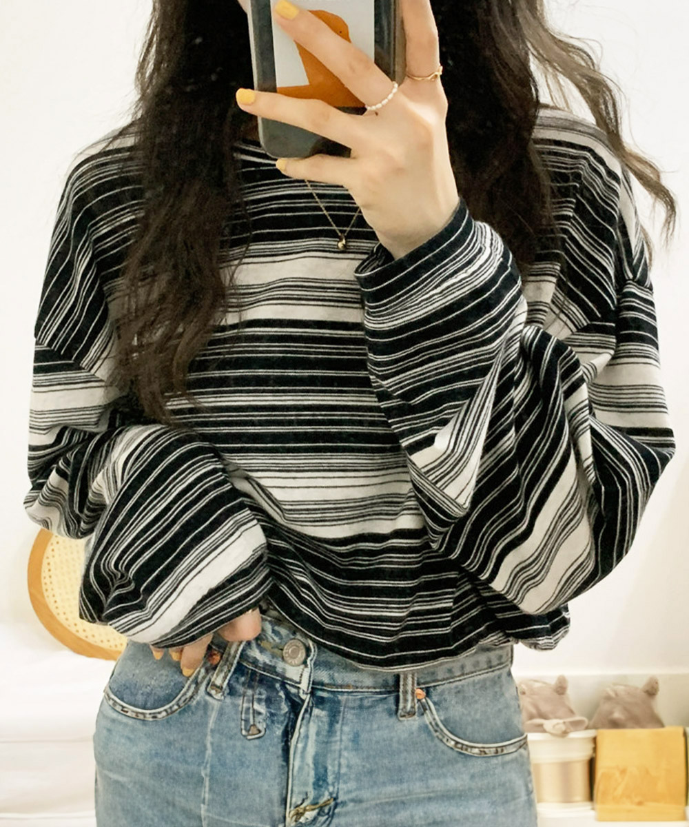 カジュアルコーデ 韓国風ボーダー長袖トップス春秋レディース