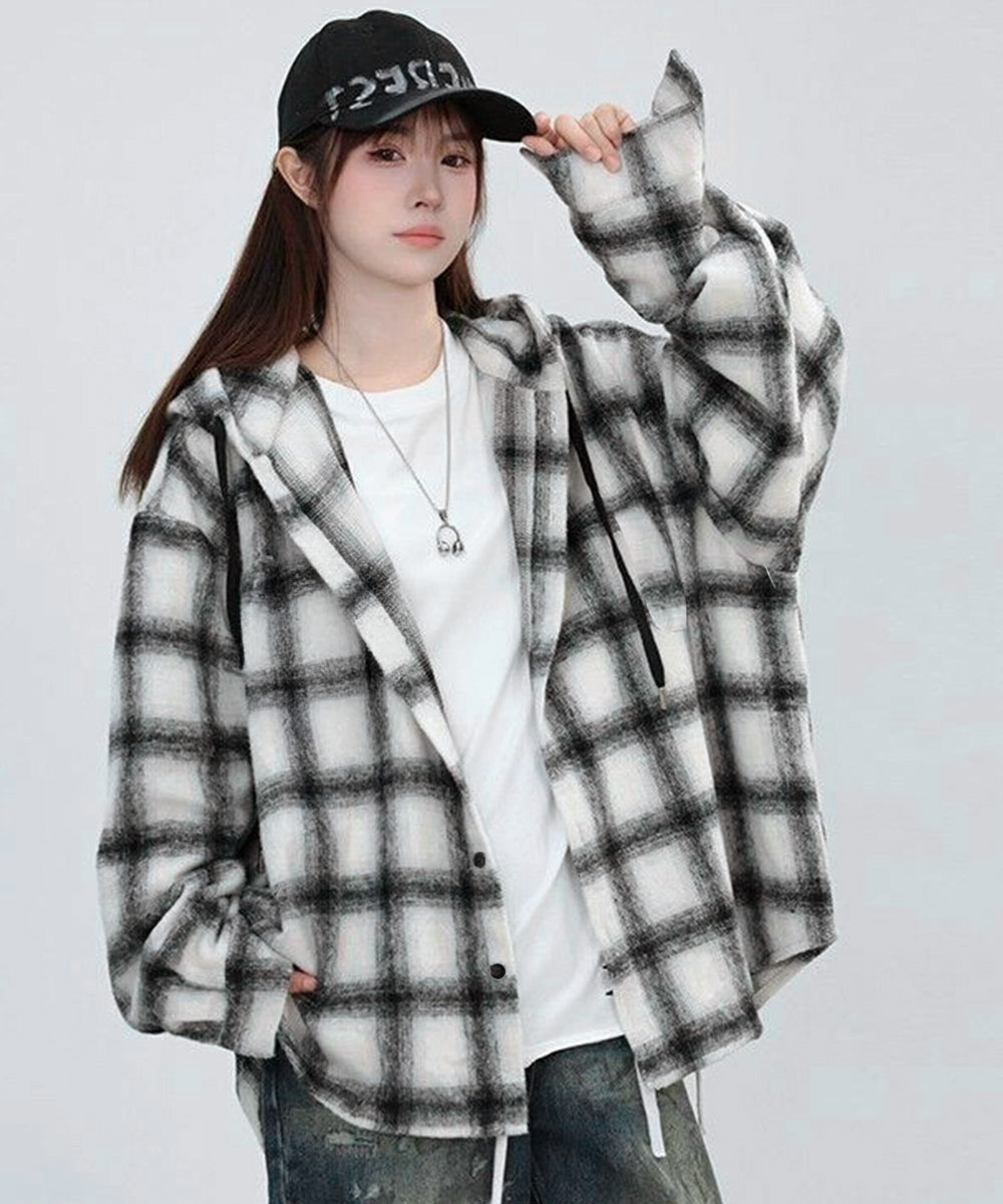 カジュアルコーデ チェック柄フード付きシャツ レディース秋冬羽織り
