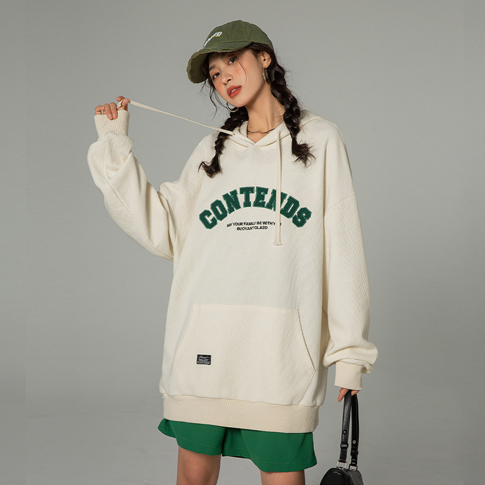 カジュアルコーデ ワッフル素材スウェット フード付き韓国風レディース