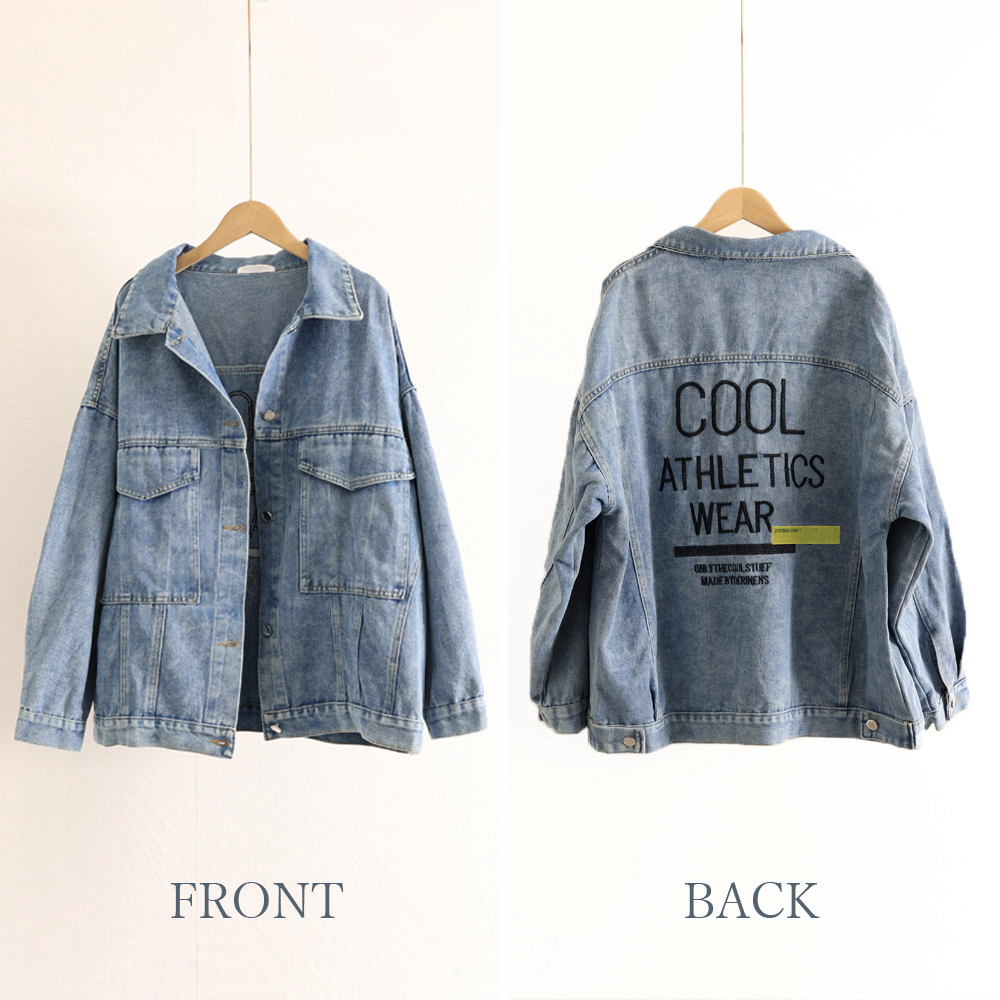 カジュアルコーデ レディース デニムジャケット 背中ロゴ刺繍 体型カバー