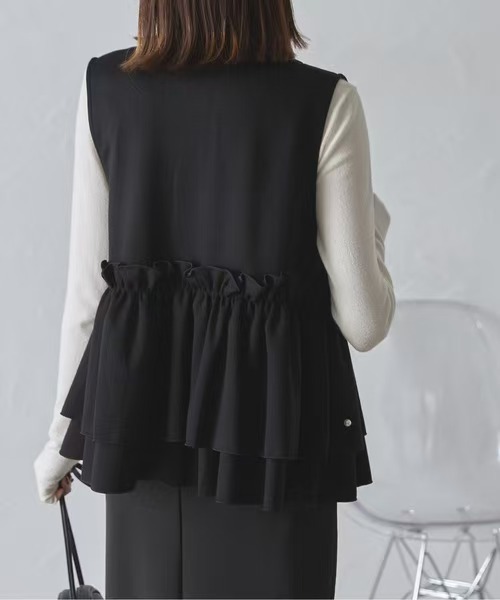 カジュアルコーデ 新作パール付きフリルジャケット体型カバー重ね着ベスト