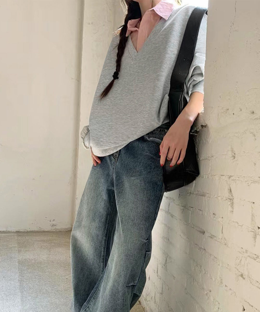 カジュアルコーデ レディース重ね着風スウェット長袖シャツ襟切り替え