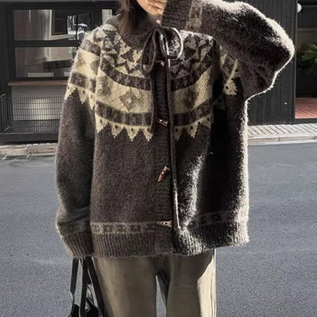 カジュアルコーデ 秋冬新作 北欧柄ニット厚手フード付きカーディガン