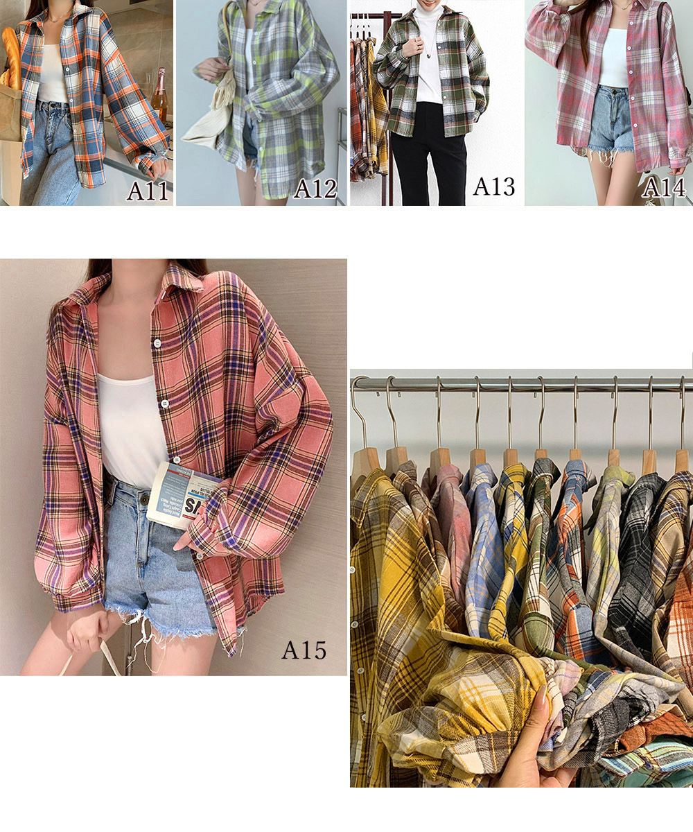 カジュアルコーデ ゆったりチェック柄シャツ 長袖 体型カバー